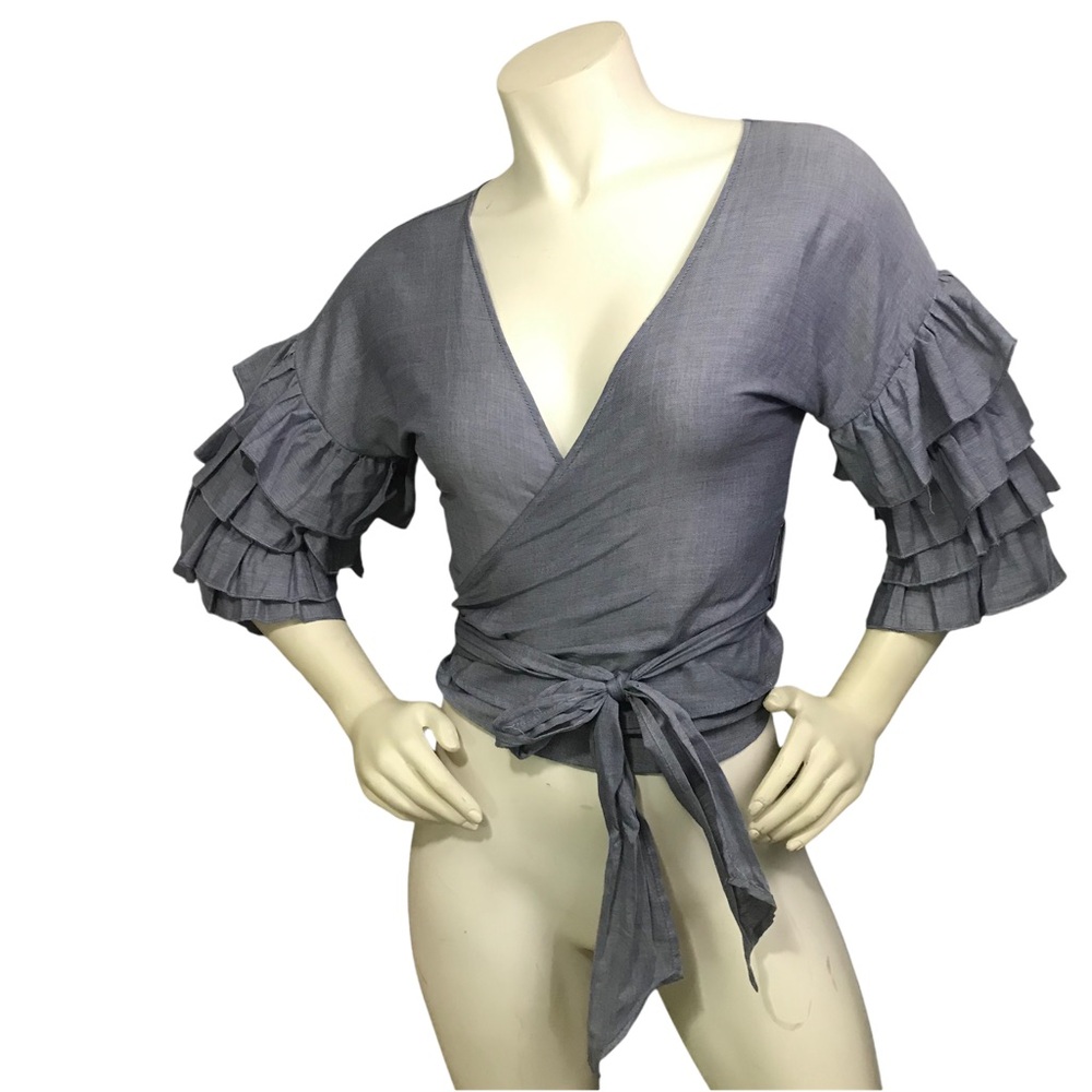 Haute Monde Ruffle Wrap Top Grey M